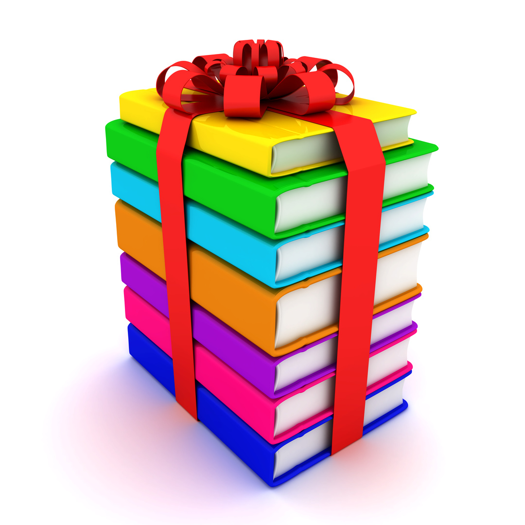 Multicolored books and gift ribbon